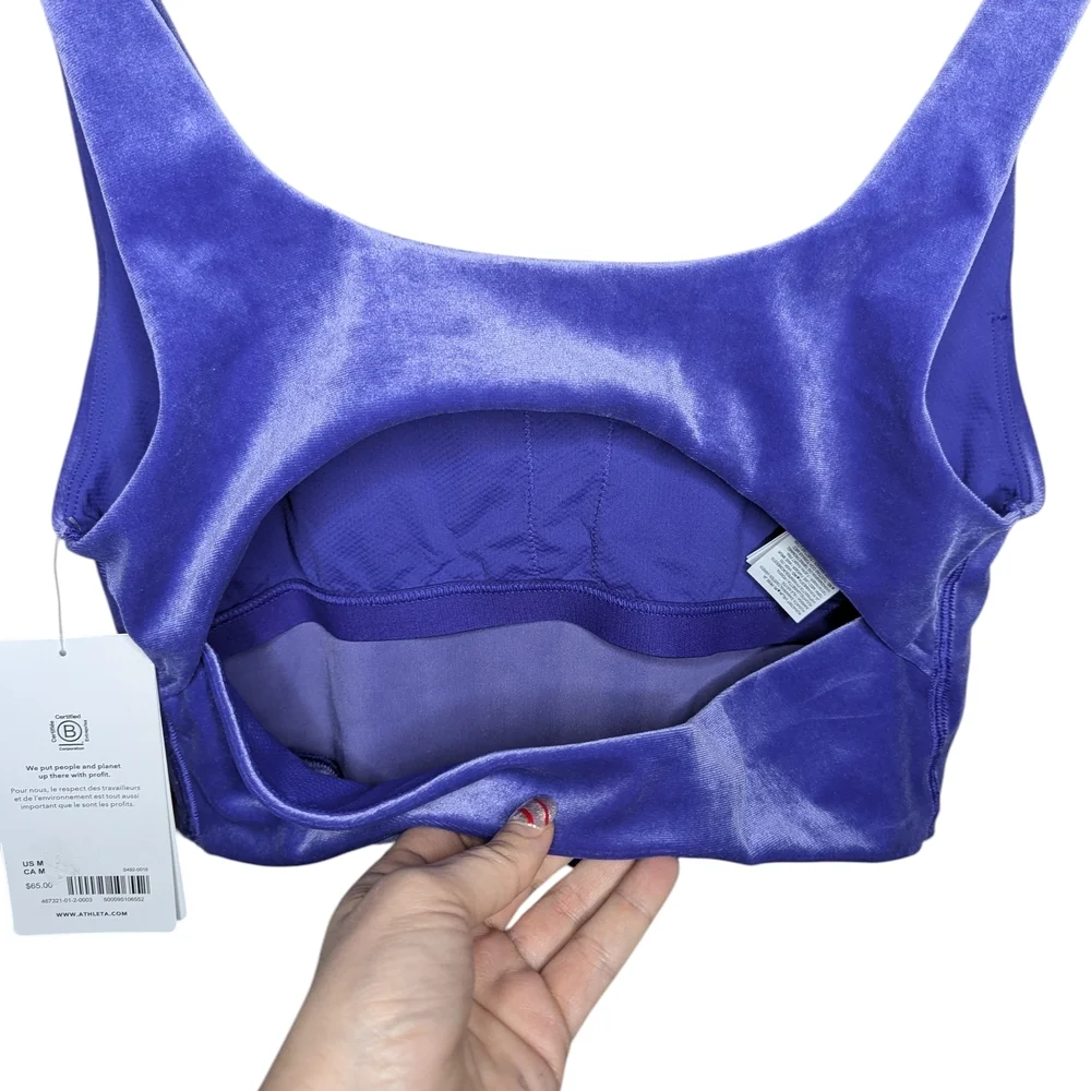 Athleta Sports Bra Medium A-C Cup Purple Blue Velvet Cut Out Crop Light Impact